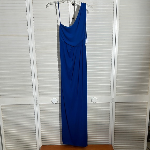 BCBG Blue One-Shoulder Ruched Cocktail Gown sides, slit